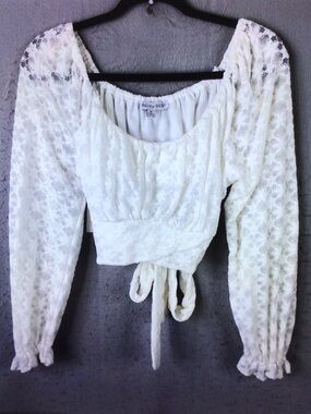 Beyond The Radar Ivory Lace Tie-Front Puff Sleeve Blouse